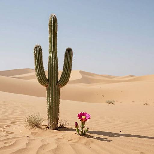 Photograph of a tall green cactus with three arms, standing in a sandy desert, with one pink flower blooming at its base, under a