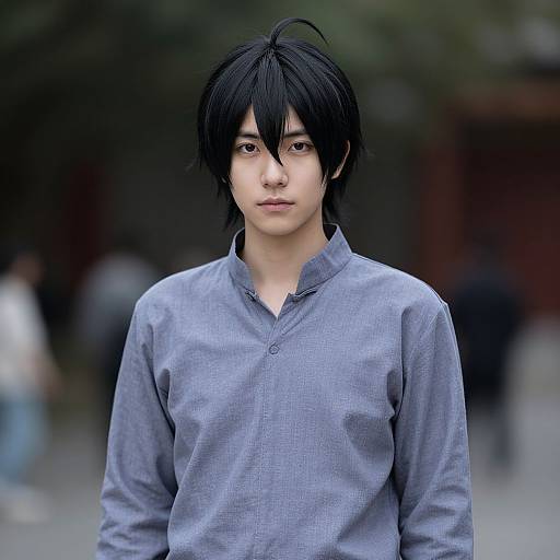 Photograph of an Asian young man with black, slightly messy hair, wearing a gray button-up shirt, standing outdoors with a blurred, dark background.