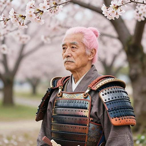 Elder Samurai in Cherry Blossom Garden