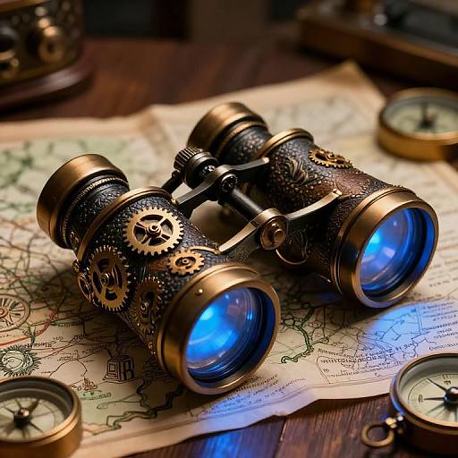 Photograph of steampunk-style brass binoculars with blue lenses, gears, and skull designs, resting on an antique map and compasses.