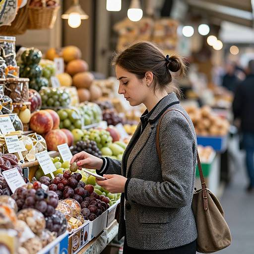 Photograph of a focused young woman with brown hair in a bun, wearing a gray tweed blazer, selecting grapes at a vibrant market stall with