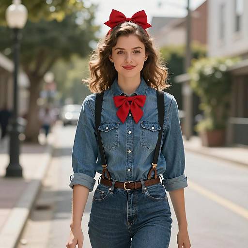 Young Woman in Denim with Red Bows Outdoors