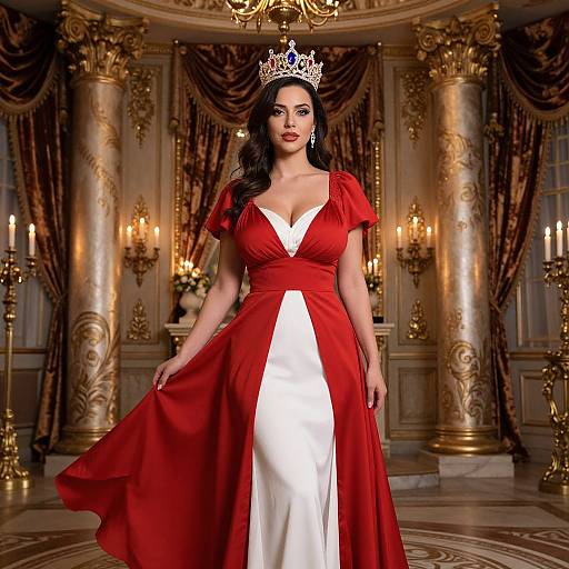 Photograph of a regal woman with long black hair, wearing a red and white gown, silver tiara, and red lipstick, standing in an