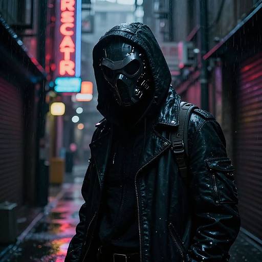 Cyberpunk photograph: Dark, rain-soaked alley with neon 