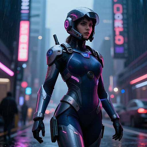 CGI cyberpunk image of a woman in a sleek, black, futuristic suit with neon accents, helmet, and gun, walking in a rainy,