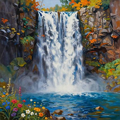 Vibrant digital painting of a cascading waterfall surrounded by colorful flowers, lush greenery, and rocky cliffs, with clear blue water below.