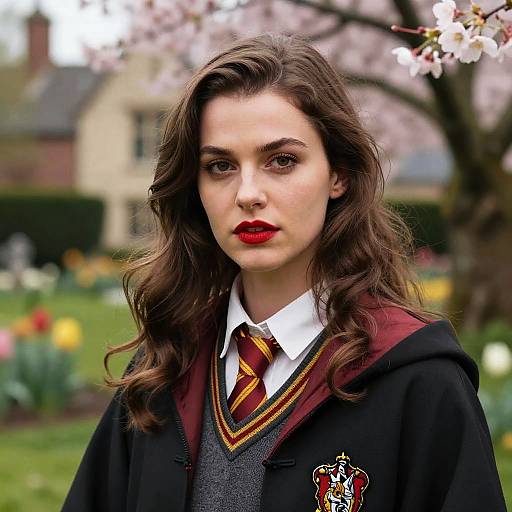 Photograph of a young woman with wavy brown hair, red lipstick, and Hogwarts school uniform, standing in a blooming garden.