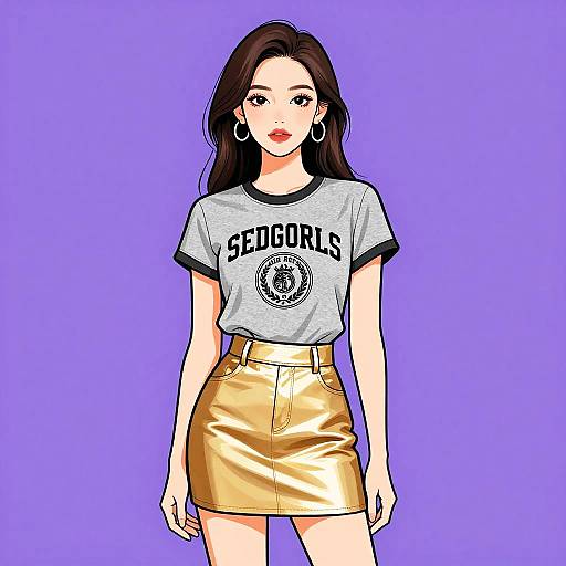 Stylish Woman in Graphic T-Shirt and Metallic Gold Skirt