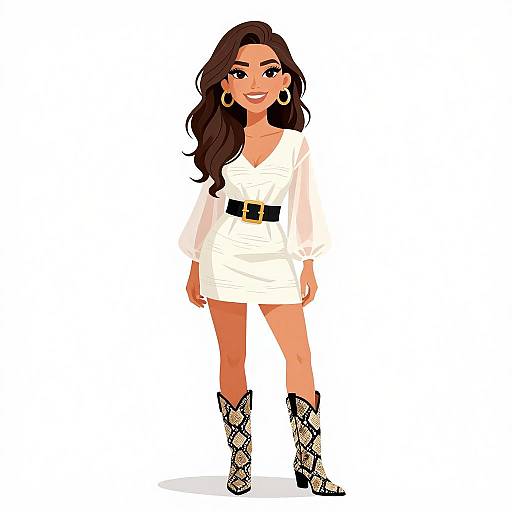 Cartoon-style illustration of a smiling woman with long brown hair, wearing a white dress, black belt, and snake-pattern boots.