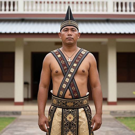 Photograph of a muscular, shirtless Asian man in traditional, ornate costume with black headpiece, gold and black patterned sash, and