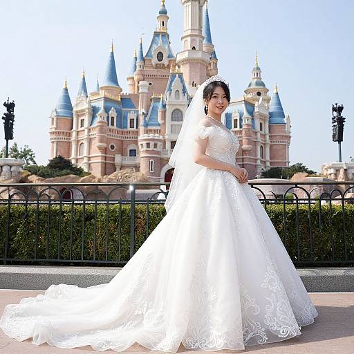 Photograph of an Asian bride in a white lace wedding gown and veil, standing in front of a fairy-tale castle.