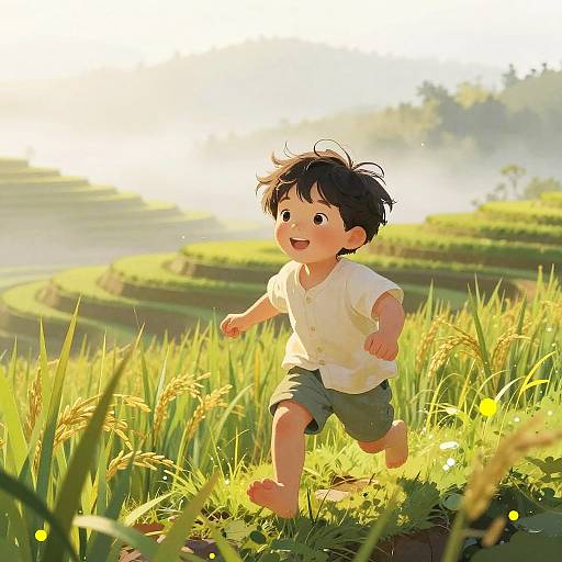 Digital illustration of a joyful Asian toddler with black hair, wearing a white shirt and green shorts, running barefoot through a sunlit, golden rice field