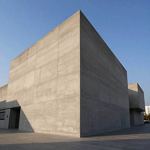 Photograph of a large, minimalist, concrete building with sharp, geometric angles and a smooth texture, bathed in sunlight under a clear blue sky.