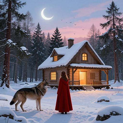 Digital illustration of a woman in a red cloak facing a wooden cabin with warm lights, a wolf by her side, under a crescent moon in a