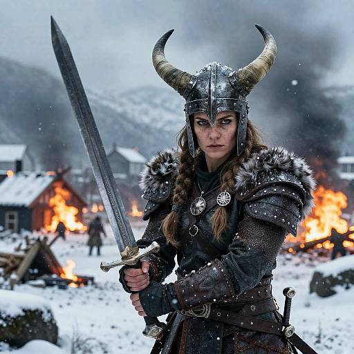 Photograph of a fierce Viking warrior woman with braided hair, horned helmet, and snow-covered armor, holding a sword in a snowy, burning