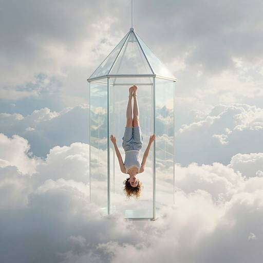 Photograph of a woman with curly brown hair, wearing a white tank top and denim shorts, upside down in a glass cage, suspended against a bright