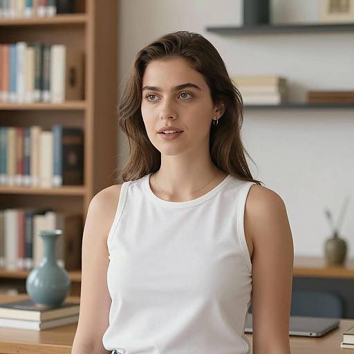Woman in White Sleeveless Top in Library