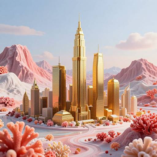 Surreal Golden Metropolis Among Candy Mountains