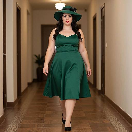 Photograph of a curvy woman with pale skin, wearing a green vintage dress, black hat with feather, and black heels, walking down a hallway