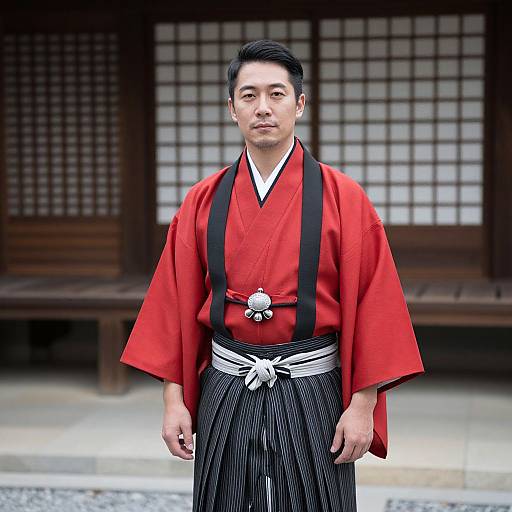 Photograph of an East Asian man in traditional red kimono with black pinstripes, white obi, and black suspenders, standing in