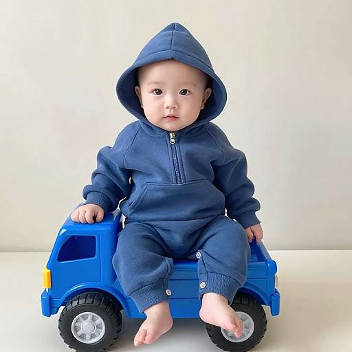 Baby in Blue Outfit on Truck