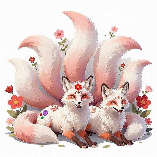 Majestic White Foxes with Colorful Tails