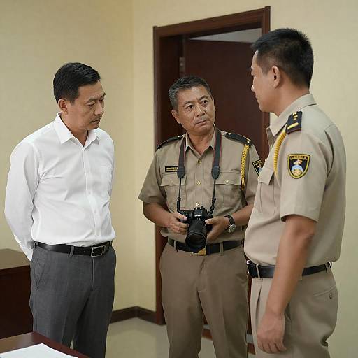 Three Men Indoors: Uniforms and Camera