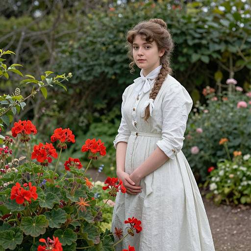 Photograph of a young woman with fair skin and brown braided hair, wearing a white Victorian-style dress, standing in a lush garden with vibrant red