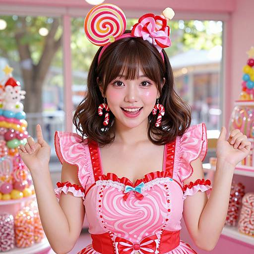 Cheerful Lollipop Girl in Candy Shop