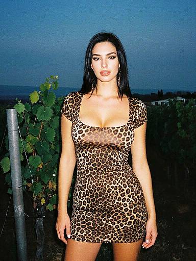 Photograph of a woman with long black hair, medium skin tone, wearing a tight, leopard-print dress, standing outdoors at dusk.