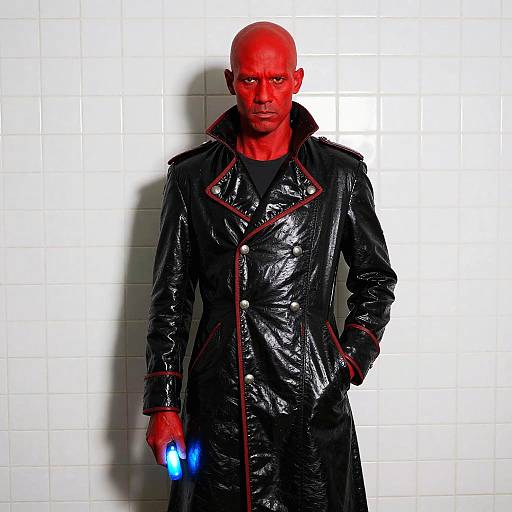 Bald Man with Red Face in Black Coat Holding Glowing Blue Object