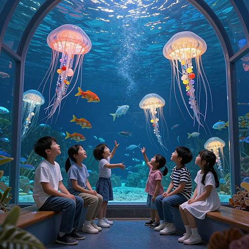 Photograph of six children, three boys and three girls, sitting in a blue-lit aquarium exhibit with glowing jellyfish and colorful fish.