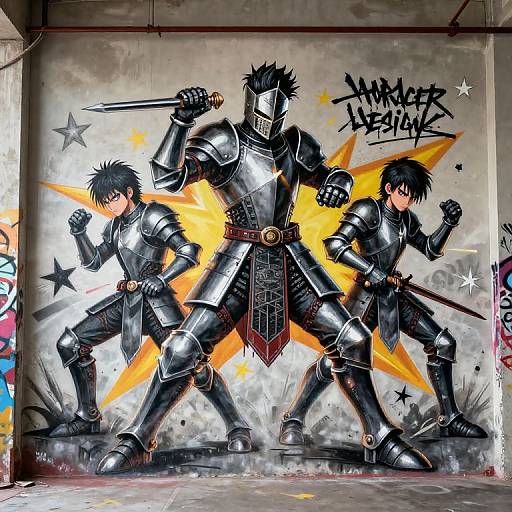 Digital anime-style mural of three armored warriors in dynamic poses, holding swords, with graffiti background and orange starburst. 