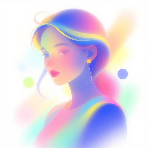 Digital portrait of a young woman with short blue hair, glowing with neon pink, yellow, and blue hues, wearing yellow earrings.