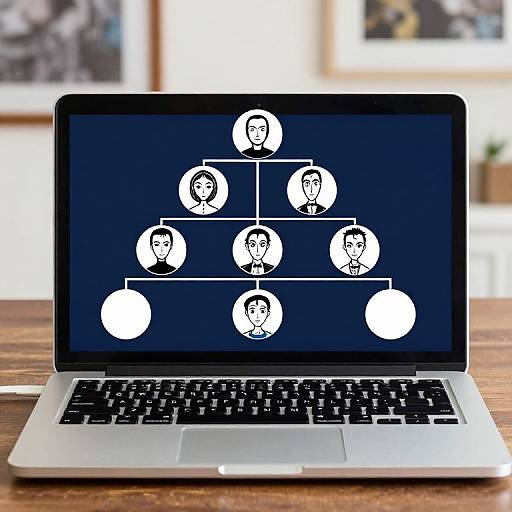 Photograph of a silver laptop on a wooden table, screen displaying a black background with a white, simplified organizational chart of seven face icons arranged in a