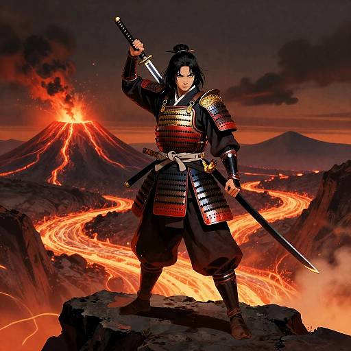 Triumphant Samurai Queen on Volcanic Cliff