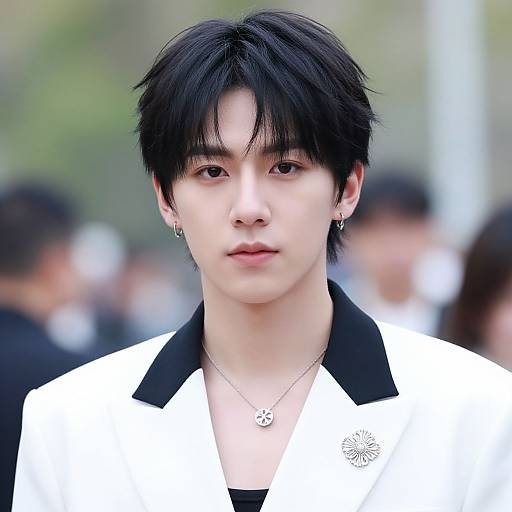Photograph of an androgynous East Asian person with black hair, wearing a white jacket with black collar, silver necklace, and earrings, standing