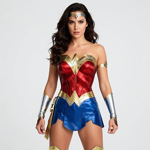 Photograph of a dark-haired woman in Wonder Woman costume: red bustier, blue skirt, gold accents, silver bracelets, tiara, white background