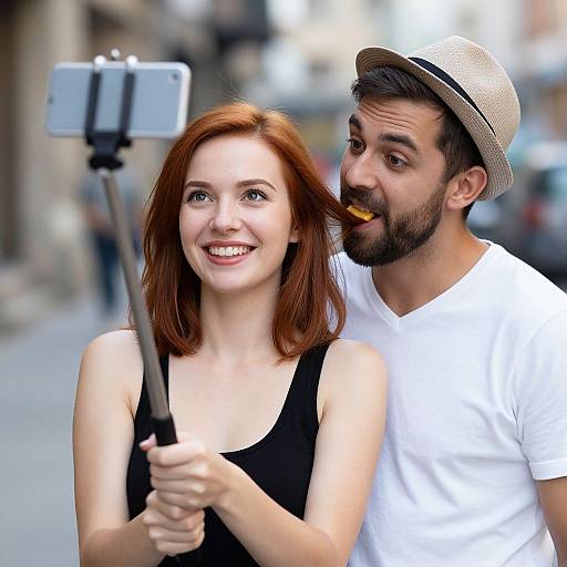 Photograph of a smiling red-haired woman in a black tank top being playfully tickled by a bearded man in a white t-shirt and straw