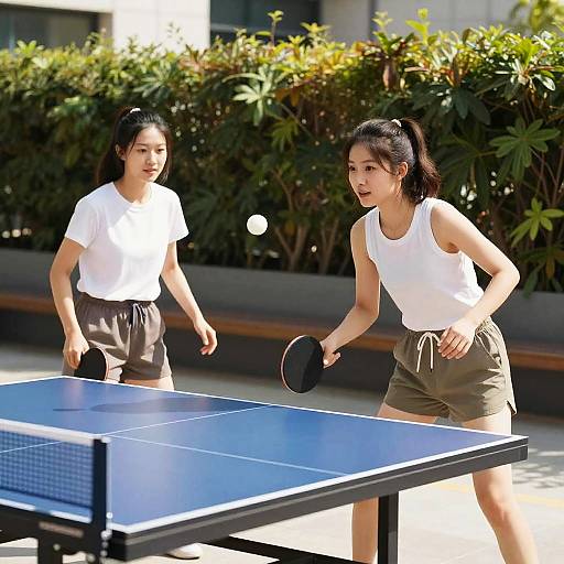 Two Women Playing Table Tennis Outdoors