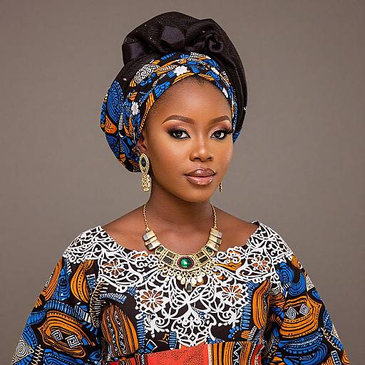 Photograph of a dark-skinned woman with black headwrap, patterned dress, gold necklace, earrings, and confident expression against gray background.
