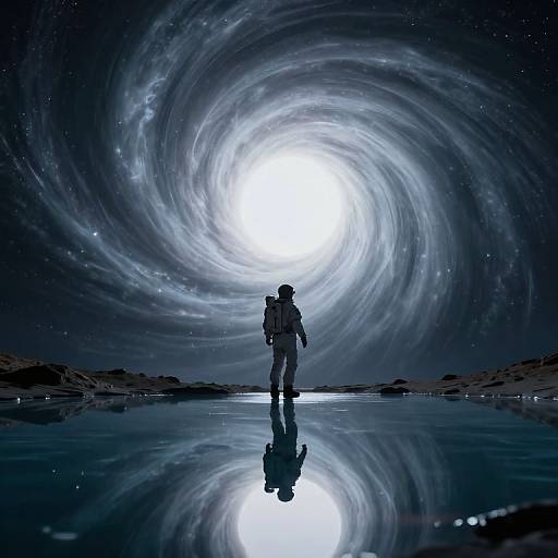 Silhouetted astronaut stands on reflective surface, facing glowing, swirling galaxy; cosmic, surreal digital art with vivid blues and whites.