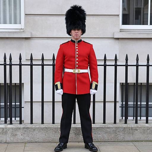 Photograph of a middle-aged man in a bright red British Guardsman uniform with black trousers, tall black bearskin hat, white belt, and black