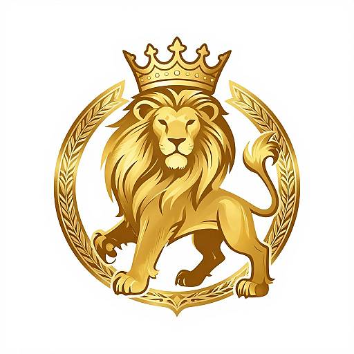 Digital illustration of a golden lion with a crown, standing on a laurel wreath, symbolizing royalty and nobility.