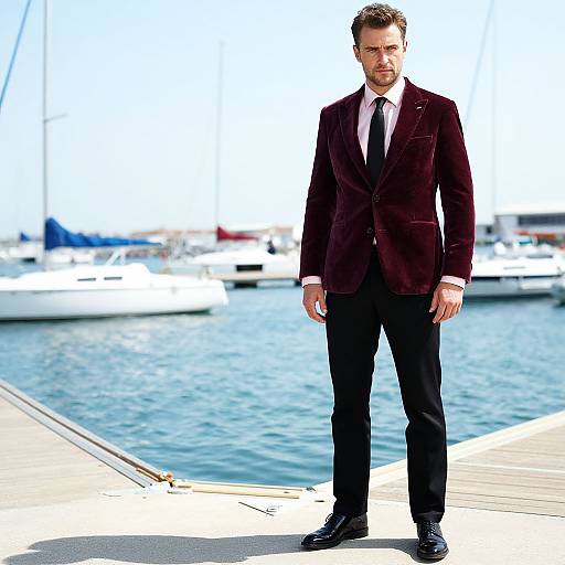 Photograph of a serious, handsome man in a dark brown velvet suit, white shirt, black tie, and black shoes standing on a sunny marina