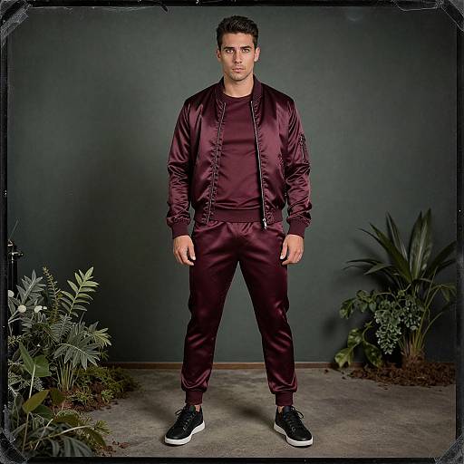 Photograph of a muscular, short-haired man with medium skin tone wearing dark maroon satin tracksuit and black sneakers, standing against a dark green backdrop