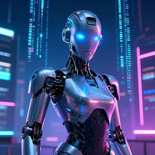 Futuristic Humanoid Robot in Cyberpunk City