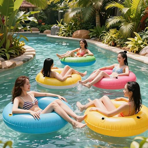 Four Asian women in colorful inflatable pool floats relax in a sunlit, tropical backyard pool surrounded by lush greenery.