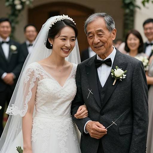 Photograph of smiling Asian bride in lace white gown and veil, holding arm of older Asian groom in black suit, at wedding. Background includes blurred guests