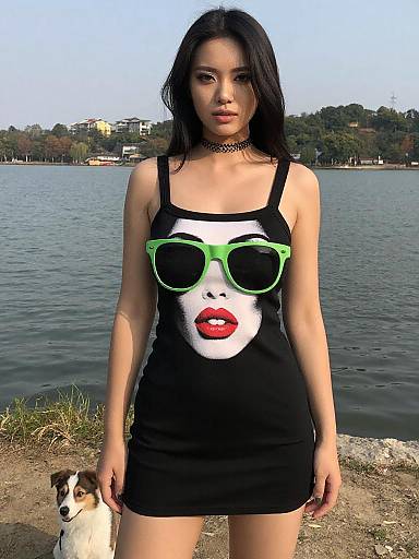 Trendy Woman by Lake with Dog